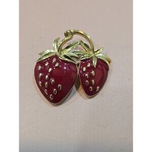 Vintage Gold Plated Red Enamel Double Strawberry Brooch Pin Trifari Signed